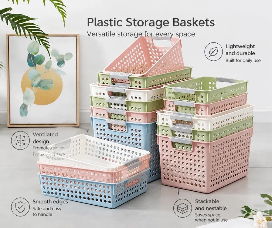 Tall Plastic Storage Basket, Large Size, 13.78x10.04x8.27in, Blue, Kitchen & Bedroom Large Storage Container, Premium Storage Present