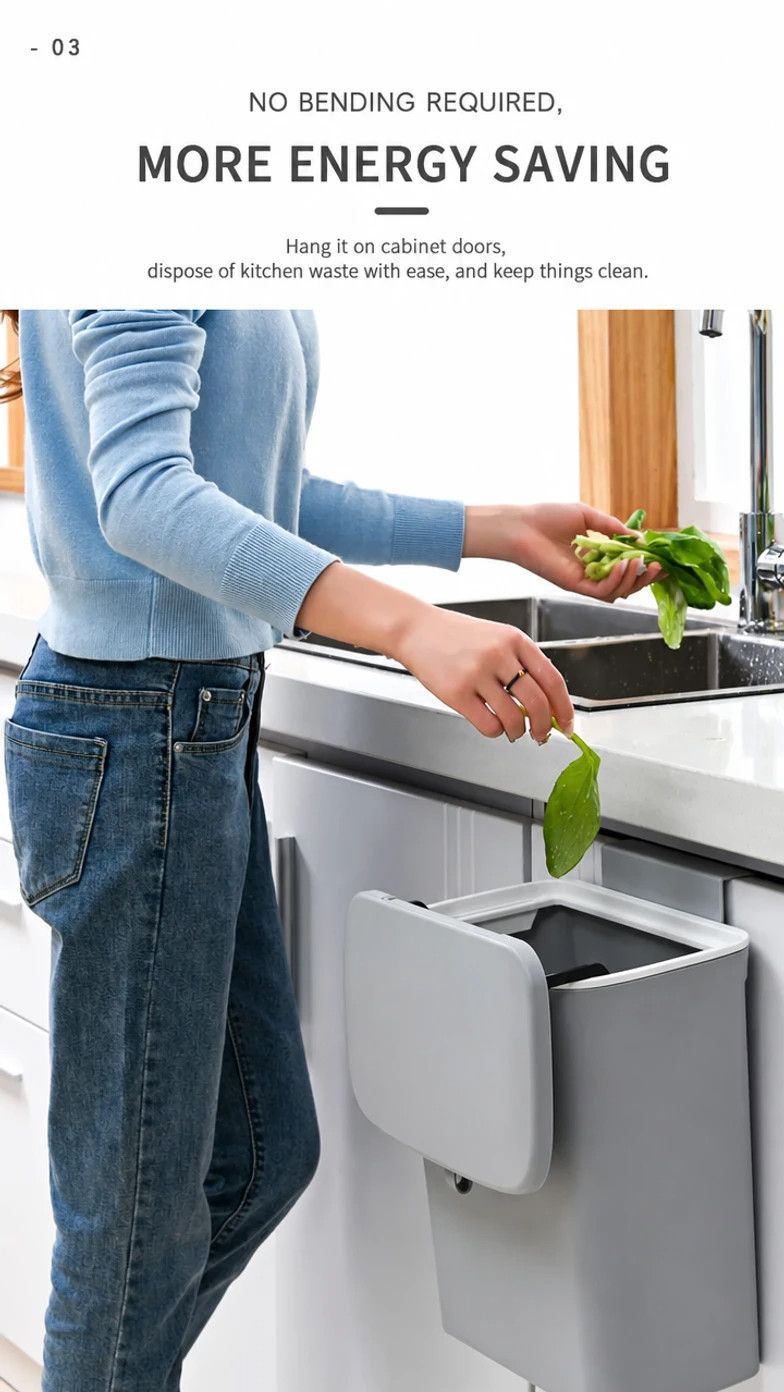 Cabinet Door Hanging Trash Can With Press Rim, 9L, Swan White, Space Saving Hanging Waste Bucket For Kitchen & Bathroom, Premium Home Gift