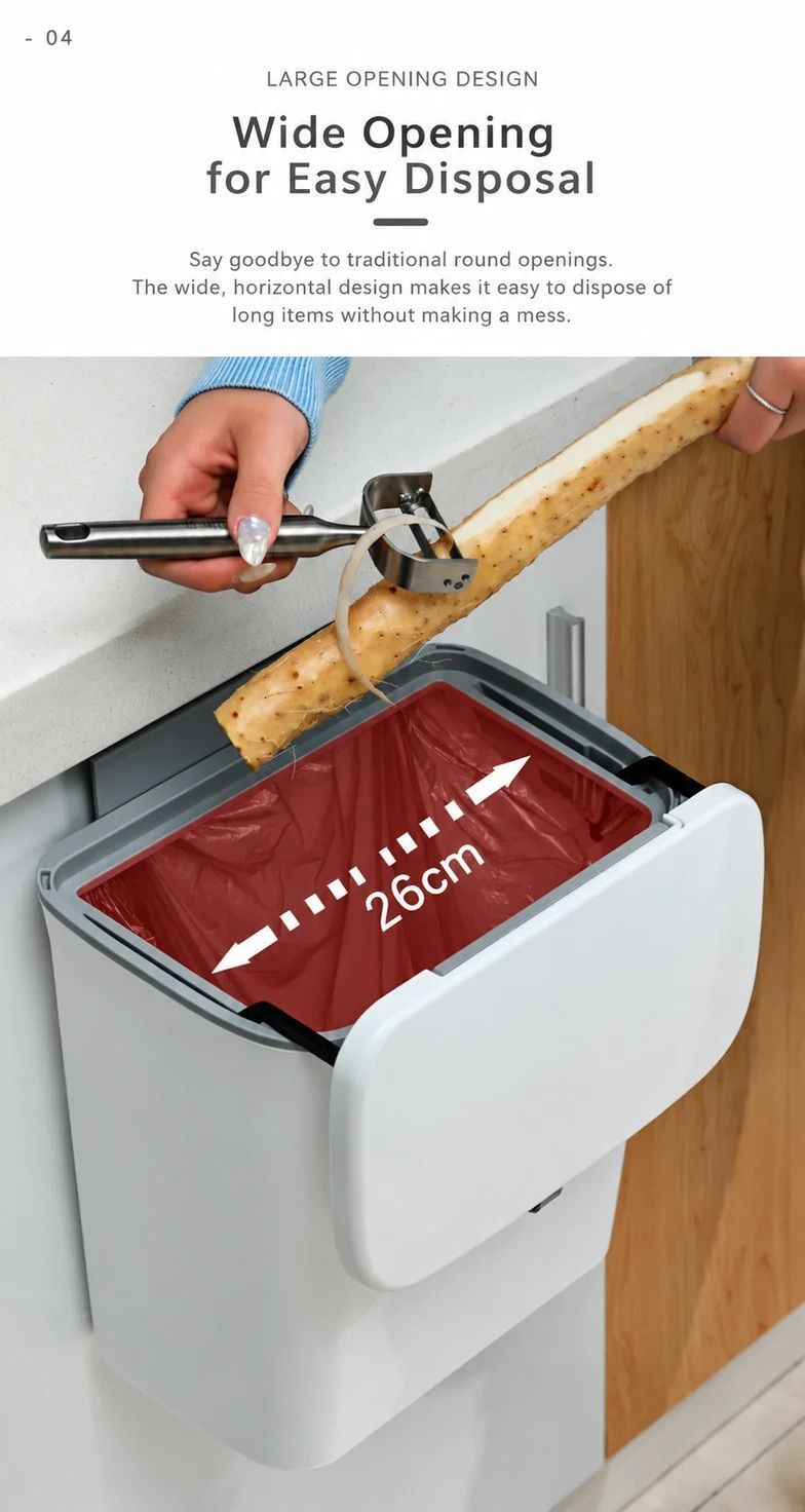 Cabinet Door Hanging Trash Can With Press Rim, 9L, Swan White, Space Saving Hanging Waste Bucket For Kitchen & Bathroom, Premium Home Gift