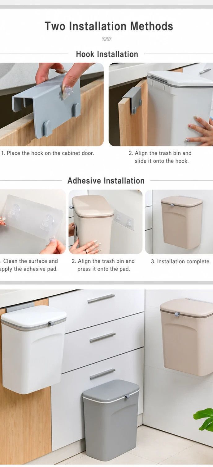 Cabinet Door Hanging Trash Can With Press Rim, 9L, Swan White, Space Saving Hanging Waste Bucket For Kitchen & Bathroom, Premium Home Gift