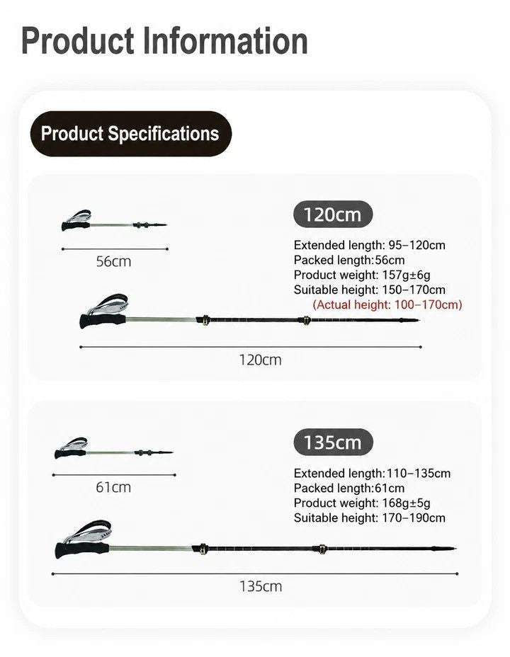 3 Section Carbon Fiber Telescopic Hiking Pole, Lightweight Trekking Stick For Height Under 170cm, Shell White, Stylish Outdoor Walking Accessory