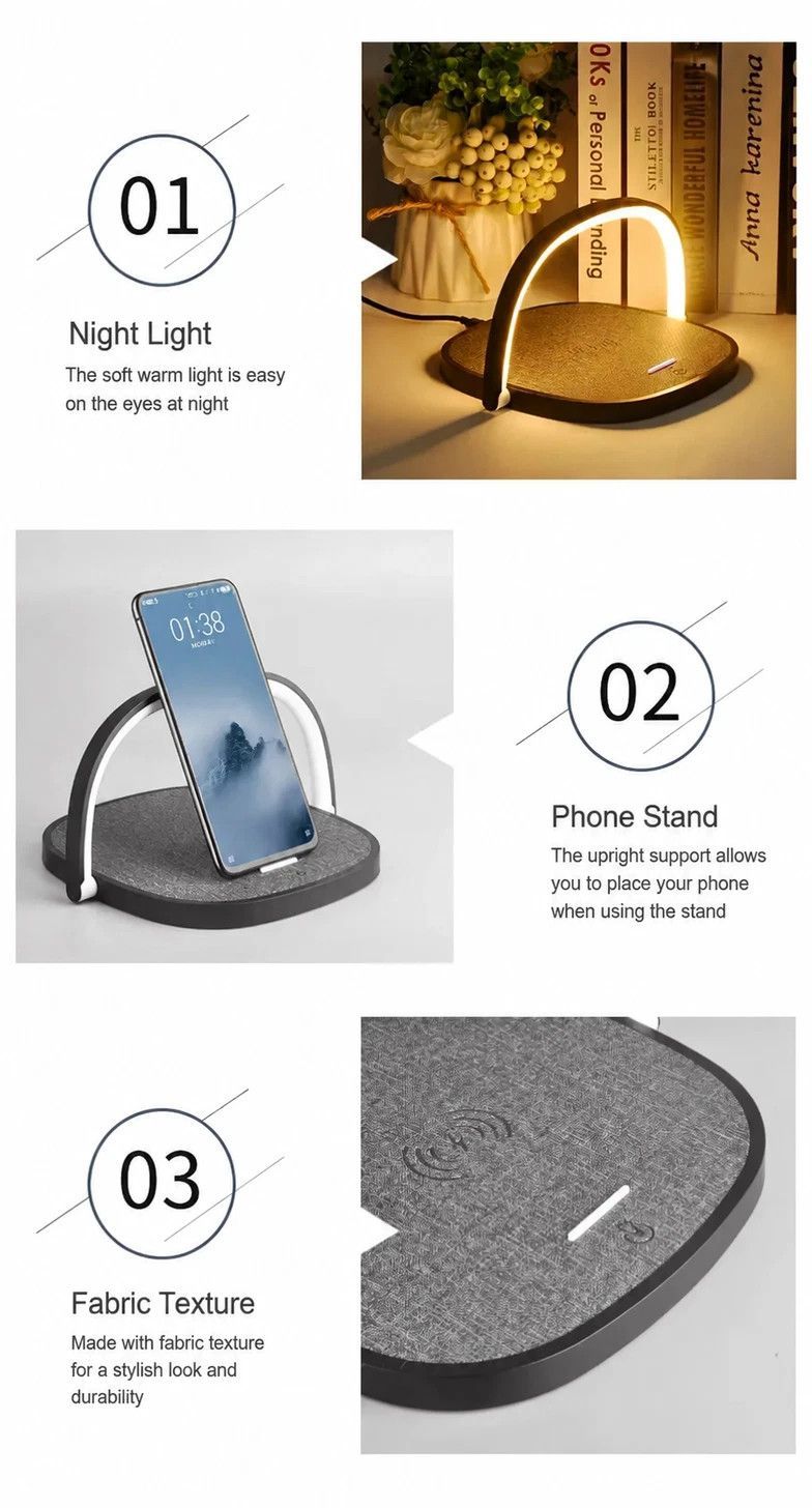 Mini Bedside Desk Lamp, 10W Wireless Charging Phone Stand, Stylish Fabric Night Light, Black, Supplied With USB Cable, Versatile Bedroom Night Decor & Useful Home Gift