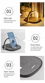 Mini Bedside Desk Lamp, 10W Wireless Charging Phone Stand, Stylish Fabric Night Light, Black, Supplied With USB Cable, Versatile Bedroom Night Decor & Useful Home Gift