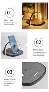 Mini Bedside Desk Lamp, 10W Wireless Charging Phone Stand, Stylish Fabric Night Light, Black, Supplied With USB Cable, Versatile Bedroom Night Decor & Useful Home Gift - Top-Down View