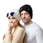 Fleece Lined Knitted Beanie With Windproof Goggles For Men & Women, Updated Winter Warm Skull Cap, Stylish Khaki One Size