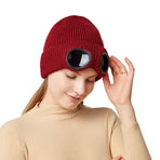 Fleece Lined Knitted Beanie With Windproof Goggles For Men & Women, Updated Winter Warm Skull Cap, Stylish Khaki One Size
