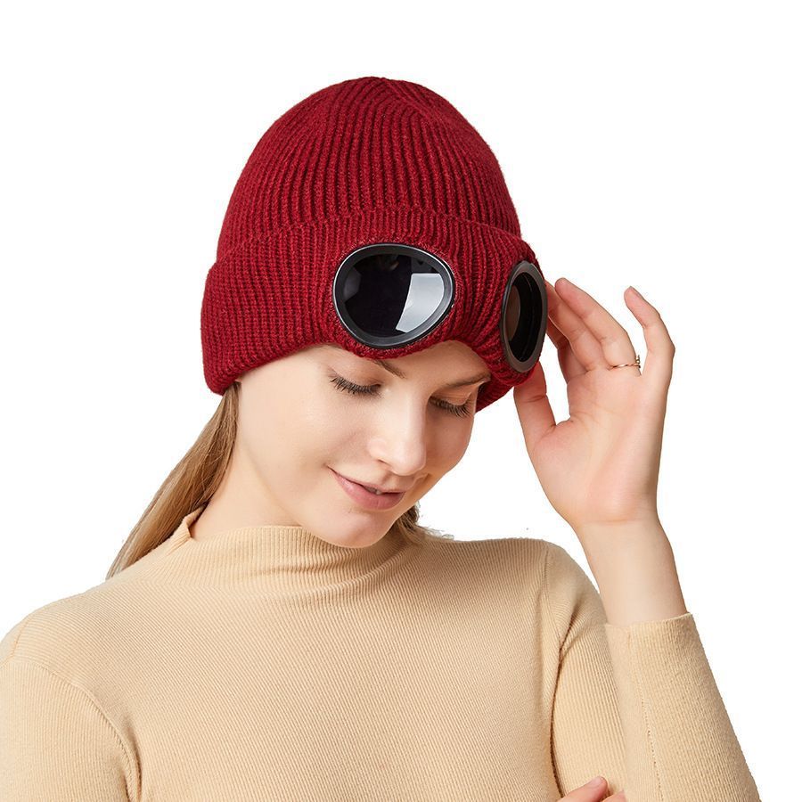 Fleece Lined Knitted Beanie With Windproof Goggles For Men & Women, Updated Winter Warm Skull Cap, Stylish Khaki One Size