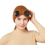 Fleece Lined Knitted Beanie With Windproof Goggles For Men & Women, Updated Winter Warm Skull Cap, Stylish Khaki One Size