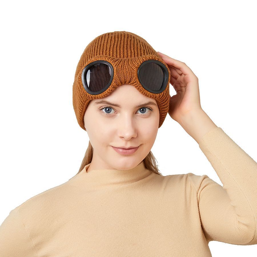 Fleece Lined Knitted Beanie With Windproof Goggles For Men & Women, Updated Winter Warm Skull Cap, Stylish Khaki One Size
