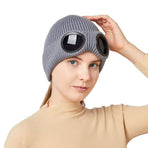Fleece Lined Knitted Beanie With Windproof Goggles For Men & Women, Updated Winter Warm Skull Cap, Stylish Khaki One Size