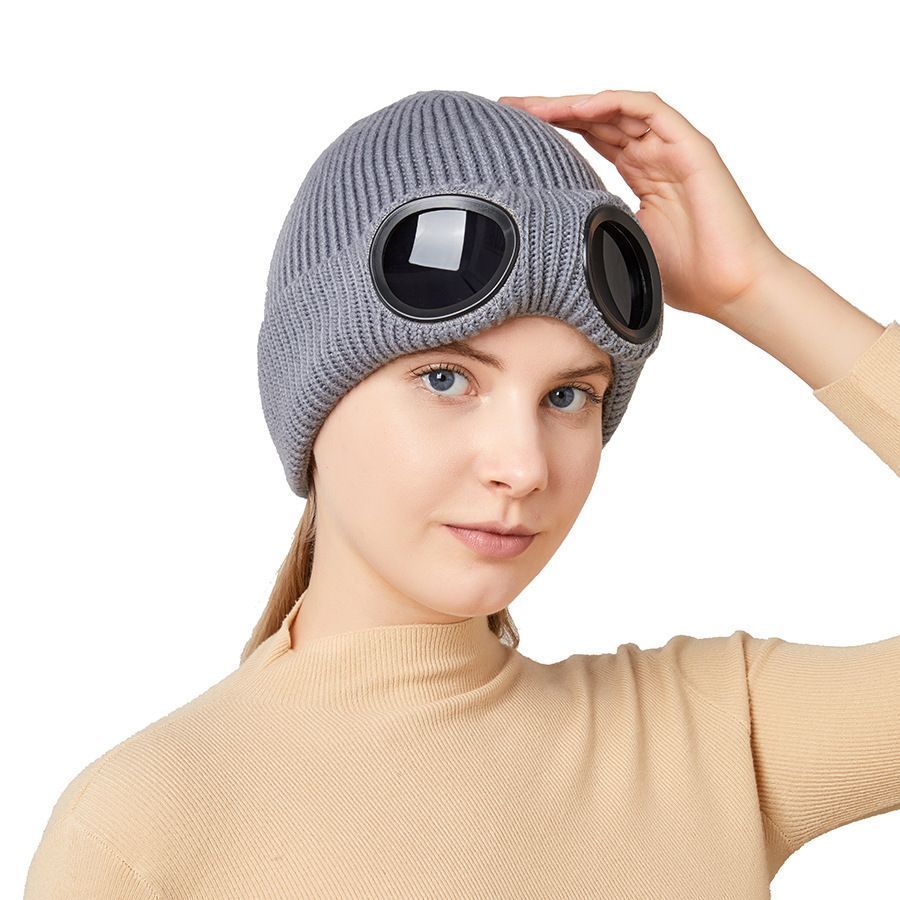 Fleece Lined Knitted Beanie With Windproof Goggles For Men & Women, Updated Winter Warm Skull Cap, Stylish Khaki One Size