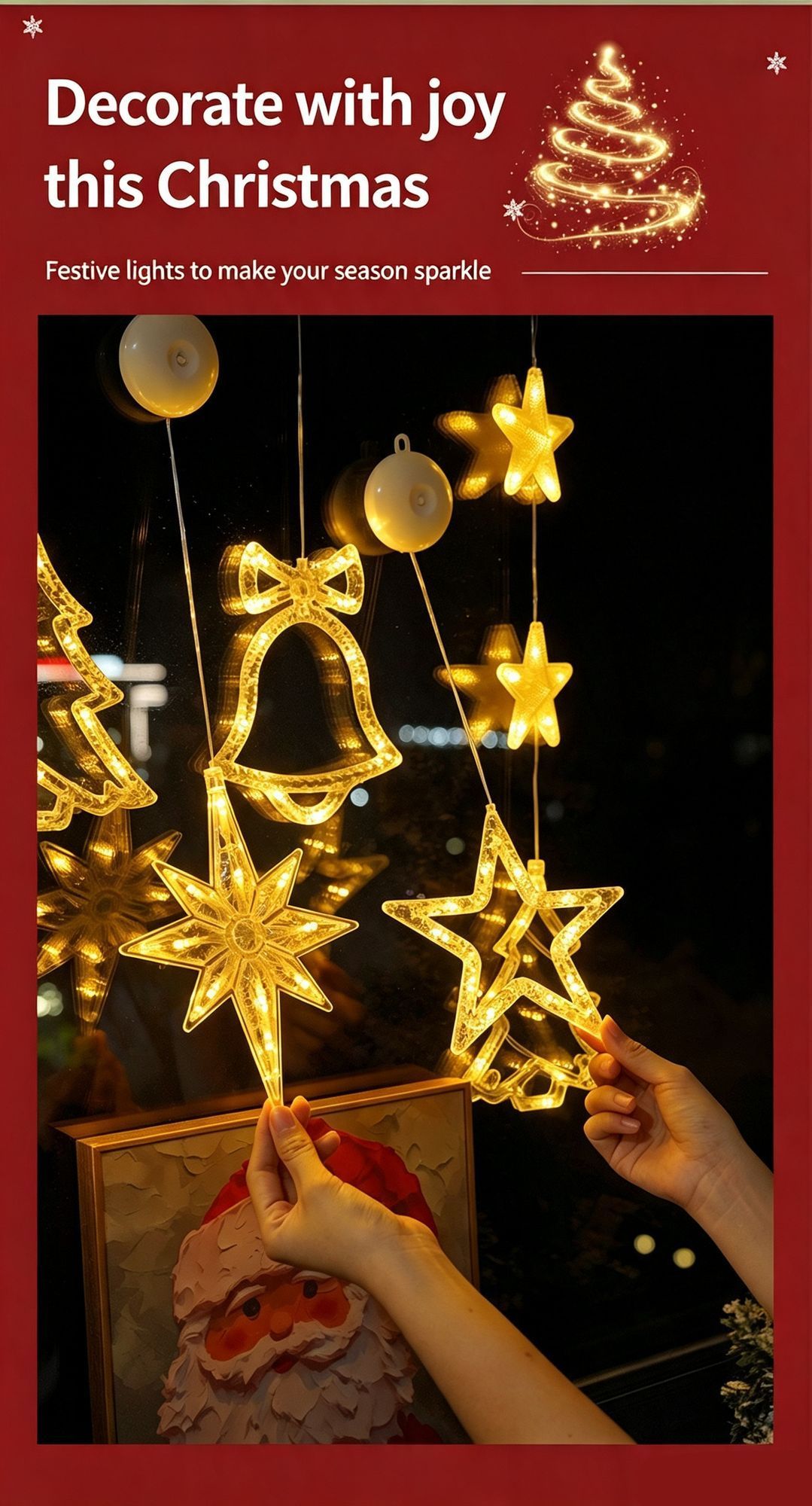 LED Suction Cup Christmas Decor Lights, Colourful Christmas Tree Window Curtain Lights, Battery Operated Festive Fairy Lights