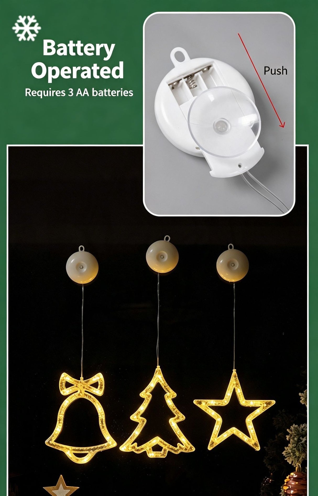 LED Suction Cup Christmas Decor Lights, Colourful Christmas Tree Window Curtain Lights 3 Pack, Battery Operated Festive Fairy Lights