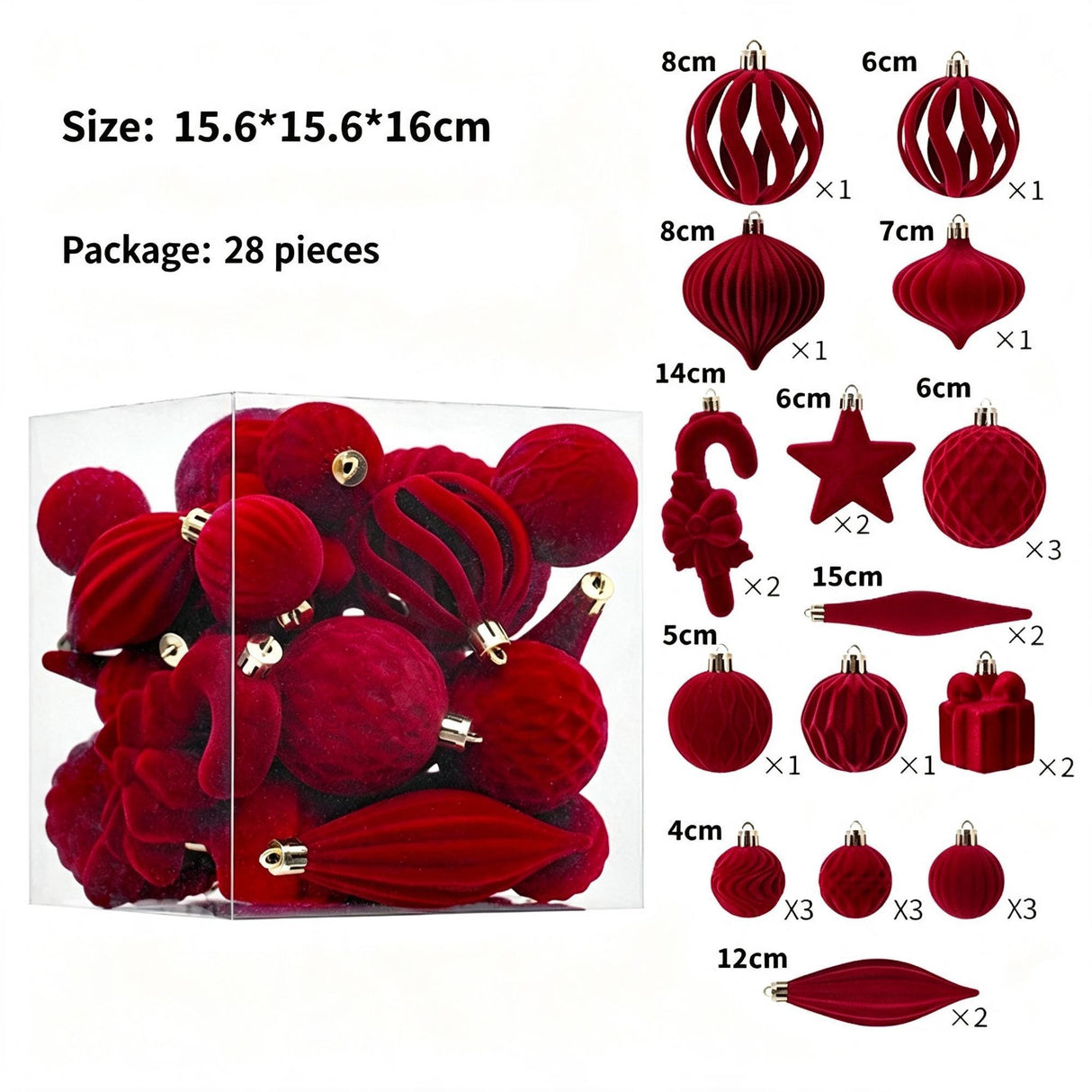 Ins Aesthetic Flocked Assorted Christmas Bauble Set, Trendy Christmas Tree Hanging Ornaments, Burgundy 28 Pack Gift Box