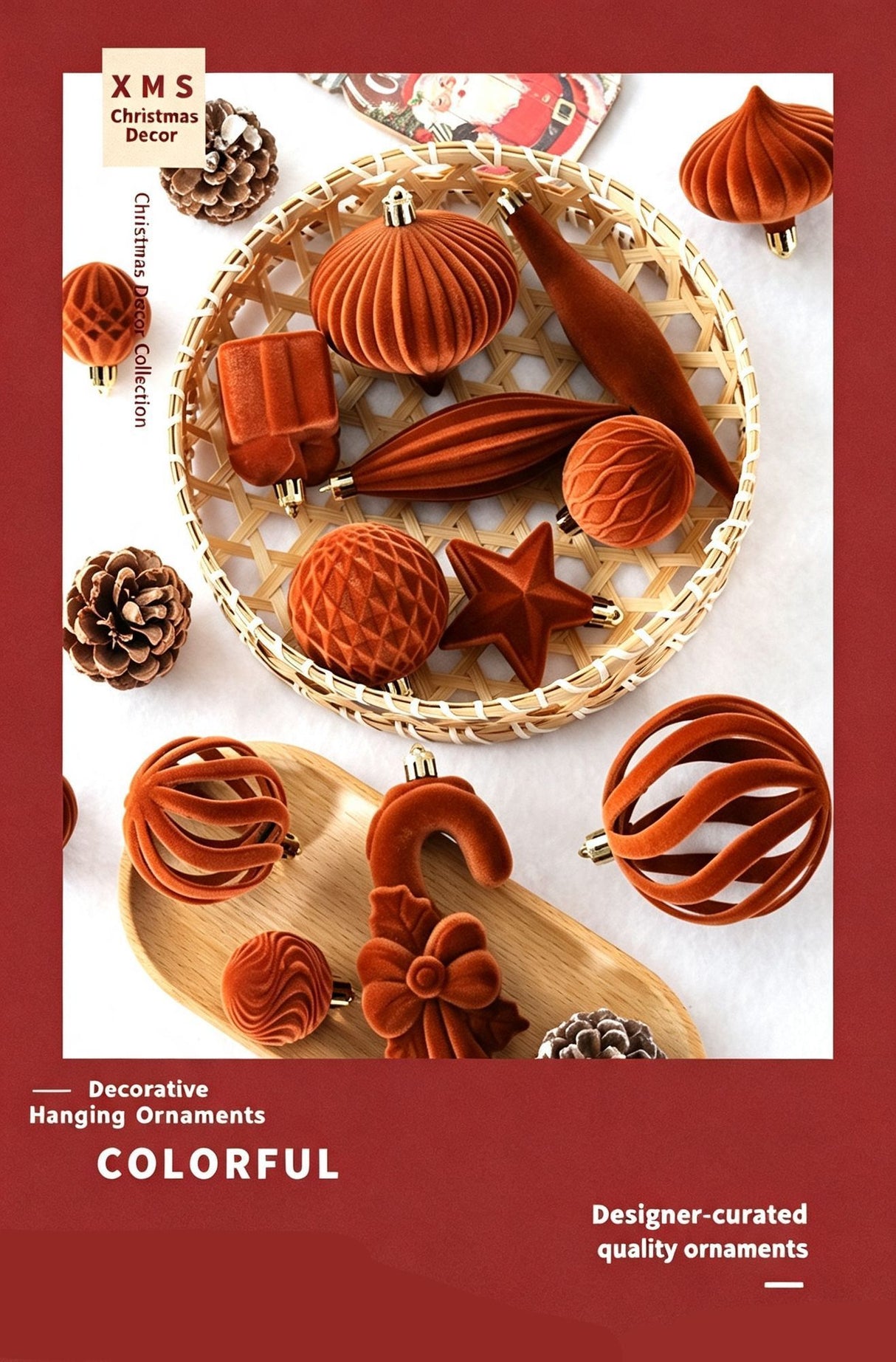 Ins Aesthetic Flocked Assorted Christmas Bauble Set, Trendy Christmas Tree Hanging Ornaments, Burgundy 28 Pack Gift Box