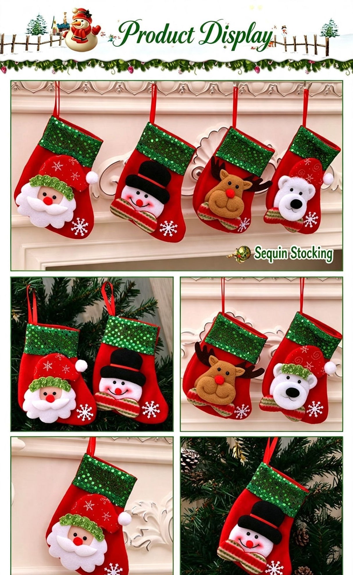 Medium Sequin Snowman Christmas Stocking, Glittery Christmas Tree Ornament, 25*19cm