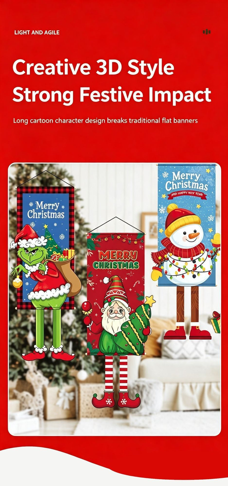 Santa Pattern Hanging Flag, Christmas & Halloween Indoor Party Layout Backdrop Decor, 110*40cm