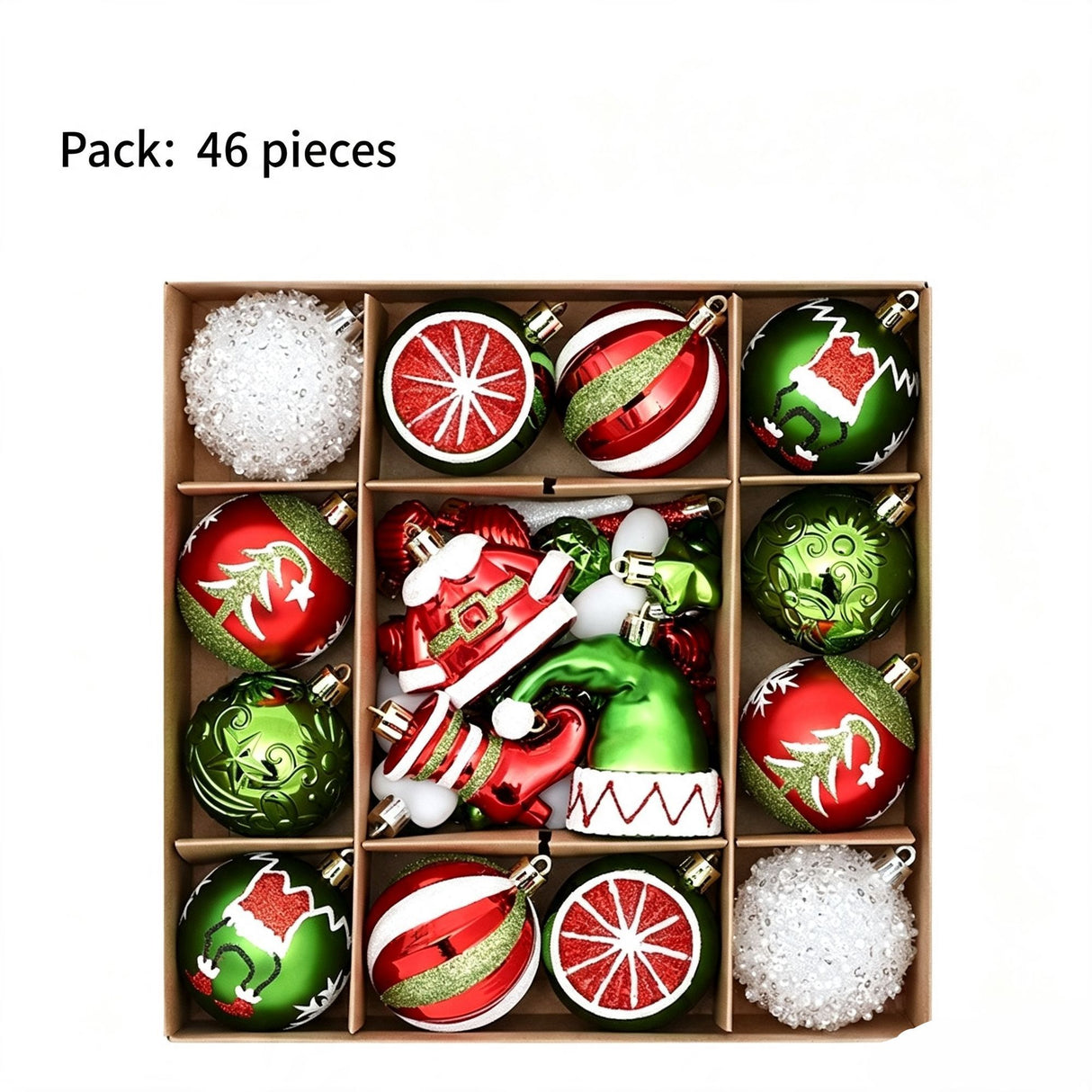46 Pieces Hand Drawn Christmas Ball Gift Box, Xmas Tree Pendant, Christmas & Halloween Party Decor, Red Green White Style
