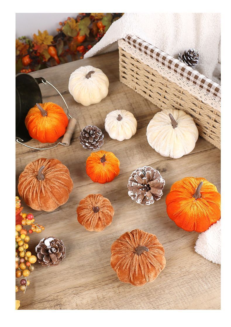 Ins Flocked Pumpkin Ornament, Halloween Christmas & Thanksgiving Table Display, Exquisite Handmade Decor Accessory, Brown 10cm