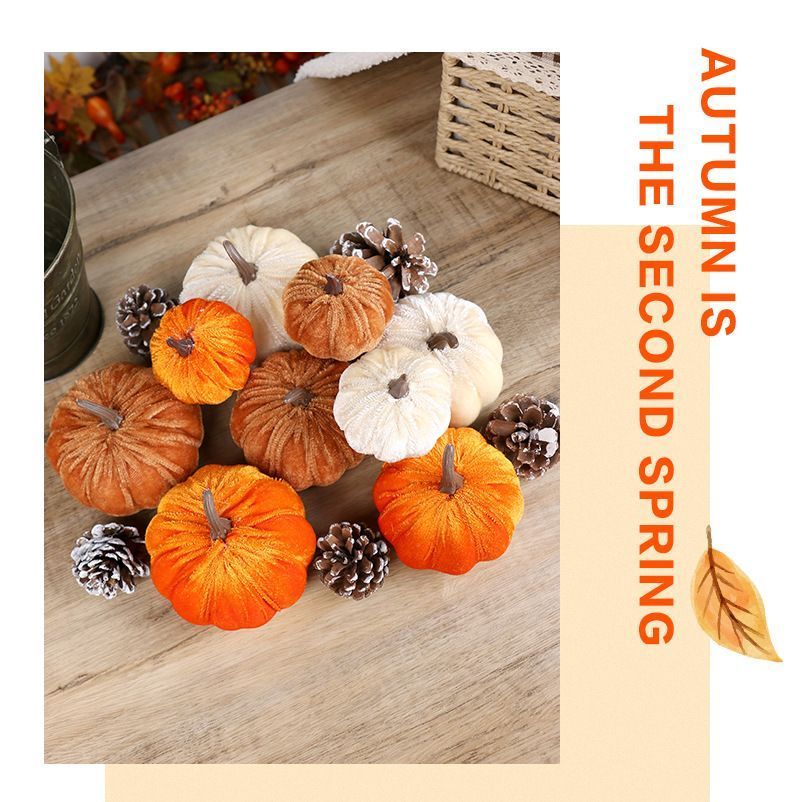 Ins Flocked Pumpkin Ornament, Halloween Christmas & Thanksgiving Table Display, Exquisite Handmade Decor Accessory, Brown 10cm