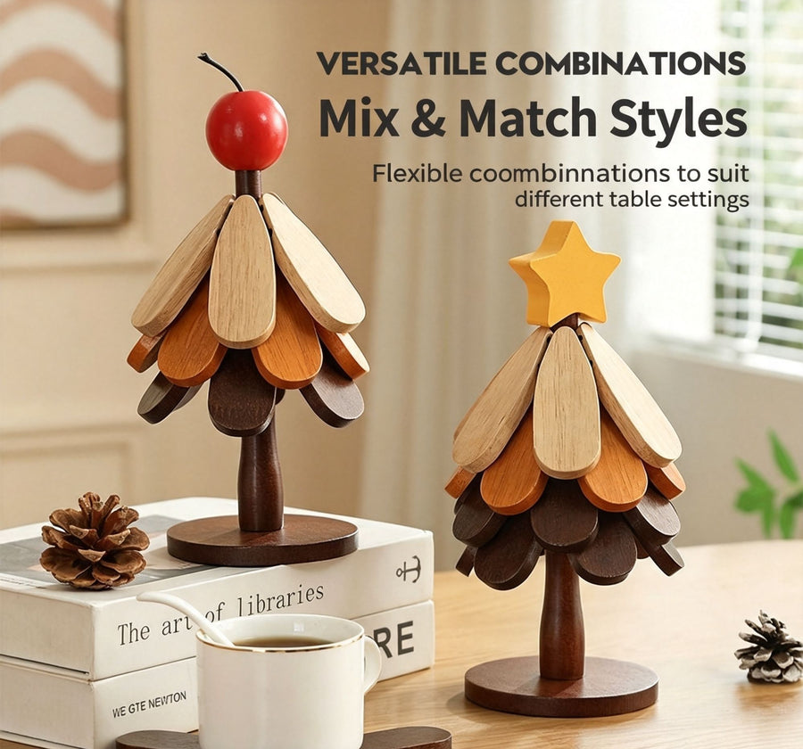 3-Tier Apple Style Christmas Tree Heat Insulation Trivet, Wooden Table Pad, Decor Supplies for Christmas & Halloween