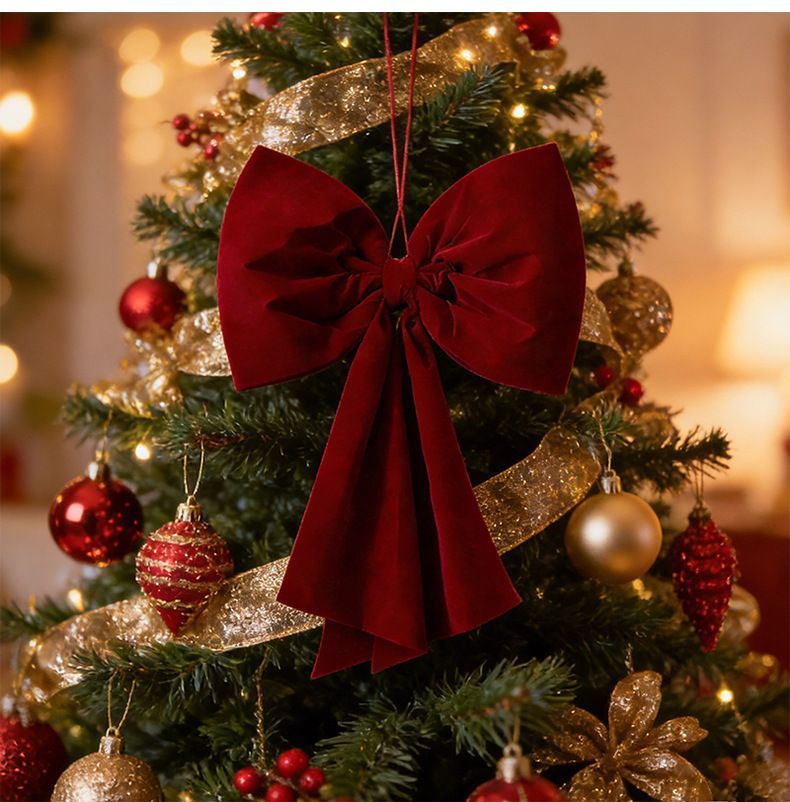 Christmas Oversized Hanging Bow Decoration, Glitter Metallic Thread Tree‑top Ornament For Holiday Layout, Red Metallic Thread 35cm