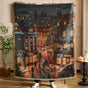 Festive Ambience Throw Blanket, Christmas & Halloween Decorative Tapestry, Soft Rest Nap Blanket For Indoor Use, Golden Thread Christmas Street Pattern, 157x130cm