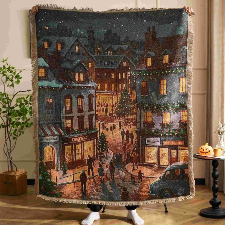 Festive Ambience Throw Blanket, Christmas & Halloween Decorative Tapestry, Soft Rest Nap Blanket For Indoor Use, Golden Thread Christmas Street Pattern, 157x130cm