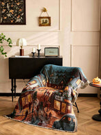 Festive Ambience Throw Blanket, Christmas & Halloween Decorative Tapestry, Soft Rest Nap Blanket For Indoor Use, Golden Thread Christmas Street Pattern, 157x130cm