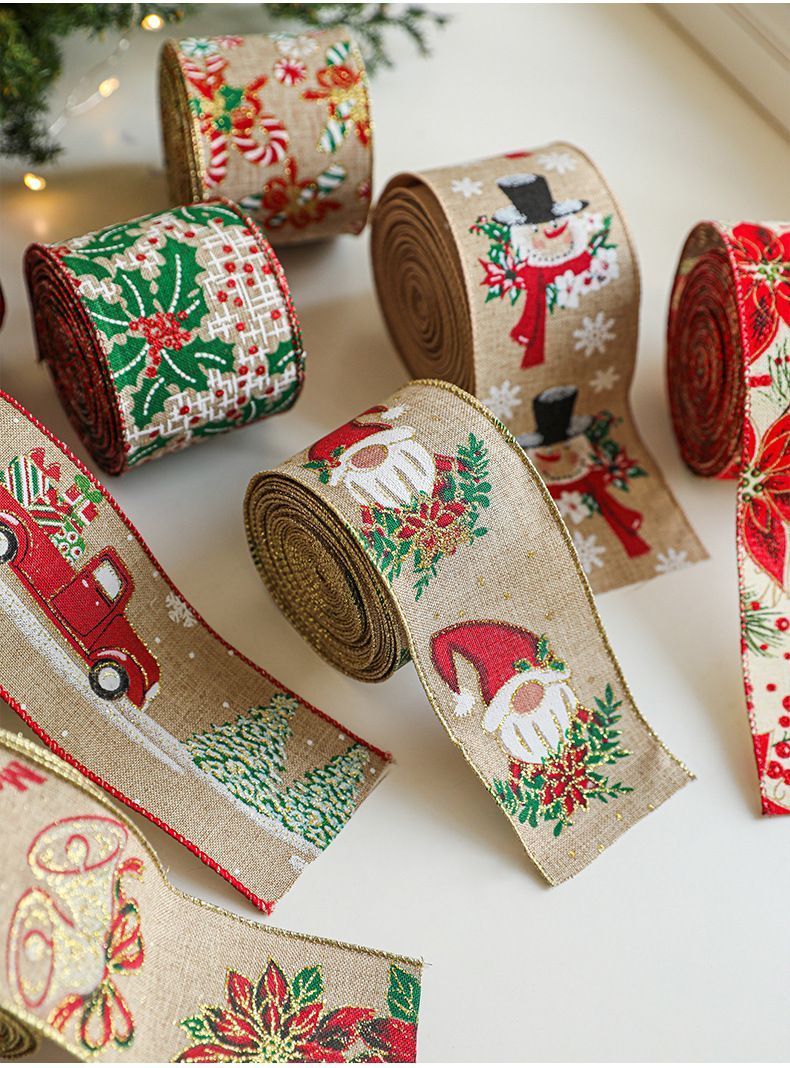 Xmas Burlap Woven Ribbon 6.3CM x 2M, Red Flower Pine Cone Design Satin Ribbon for Christmas Tree & Holiday Party Decor