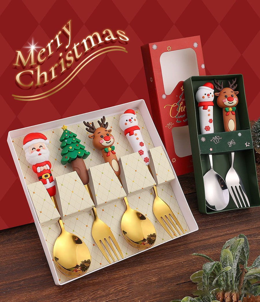 Premium Stainless Steel Christmas Spoon Fork Gift Box, 2 Large Silver Cutlery Style A, Designed for Xmas Gathering and Holiday Welfare Gifts