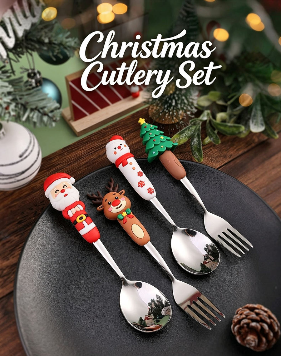 4Pcs Large Golden Christmas Stainless Steel Spoon Fork Style A with Green Plaid Gift Box, Festive Tableware for Xmas Decor and Premium Holiday Gifts
