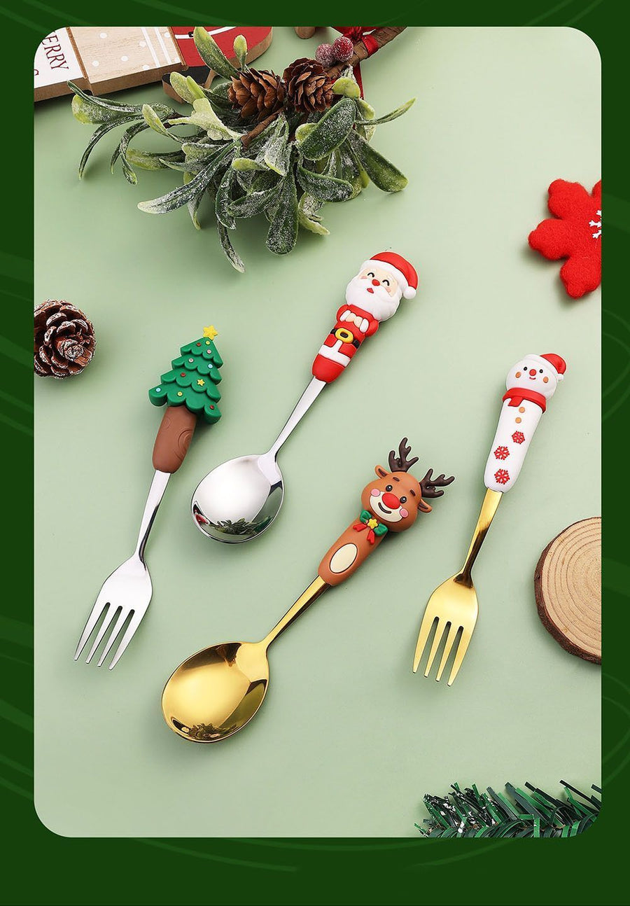 4Pcs Large Golden Christmas Stainless Steel Spoon Fork Style A with Green Plaid Gift Box, Festive Tableware for Xmas Decor and Premium Holiday Gifts