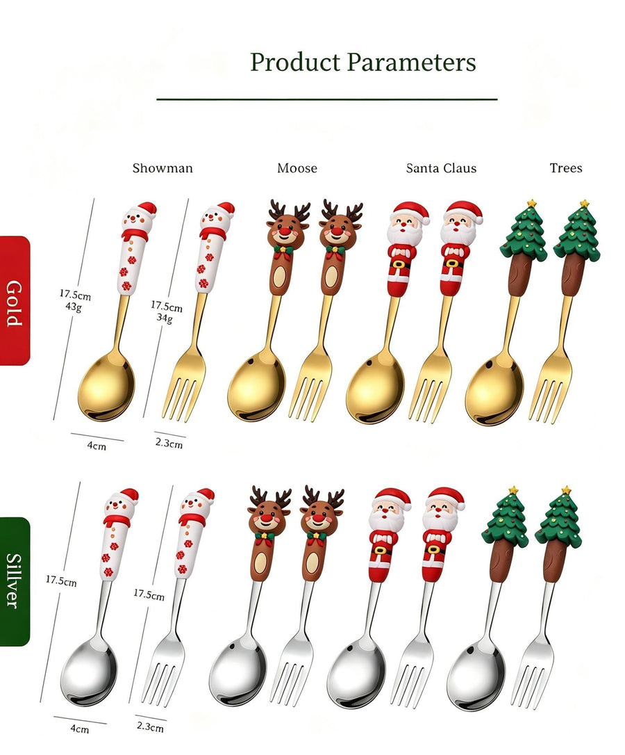 4Pcs Large Golden Christmas Stainless Steel Spoon Fork Style A with Green Plaid Gift Box, Festive Tableware for Xmas Decor and Premium Holiday Gifts