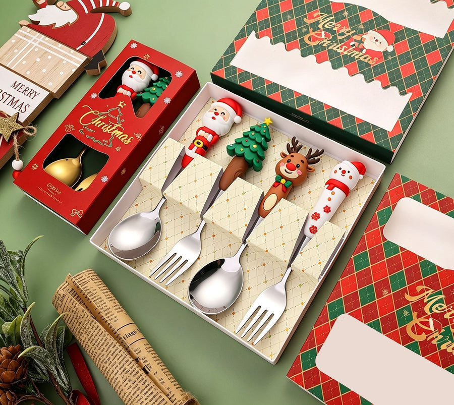4Pcs Large Golden Christmas Stainless Steel Spoon Fork Style A with Green Plaid Gift Box, Festive Tableware for Xmas Decor and Premium Holiday Gifts