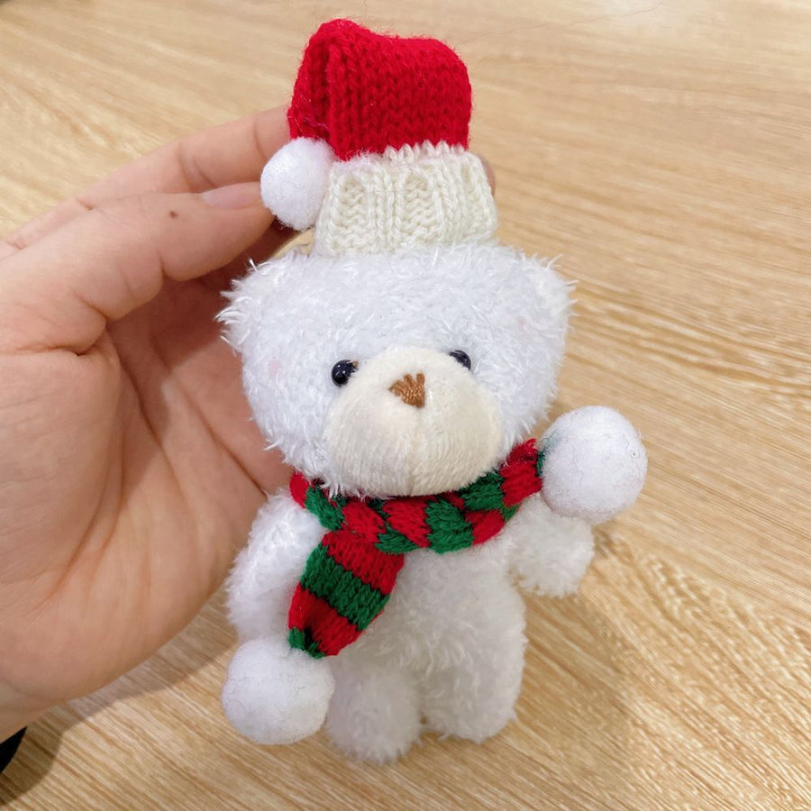 Xmas Curly Bear Gift Ornament, Style A White Bear with Solid Red Scarf, Mini Shelf Statue for Xmas Tree Decor and Holiday Souvenir