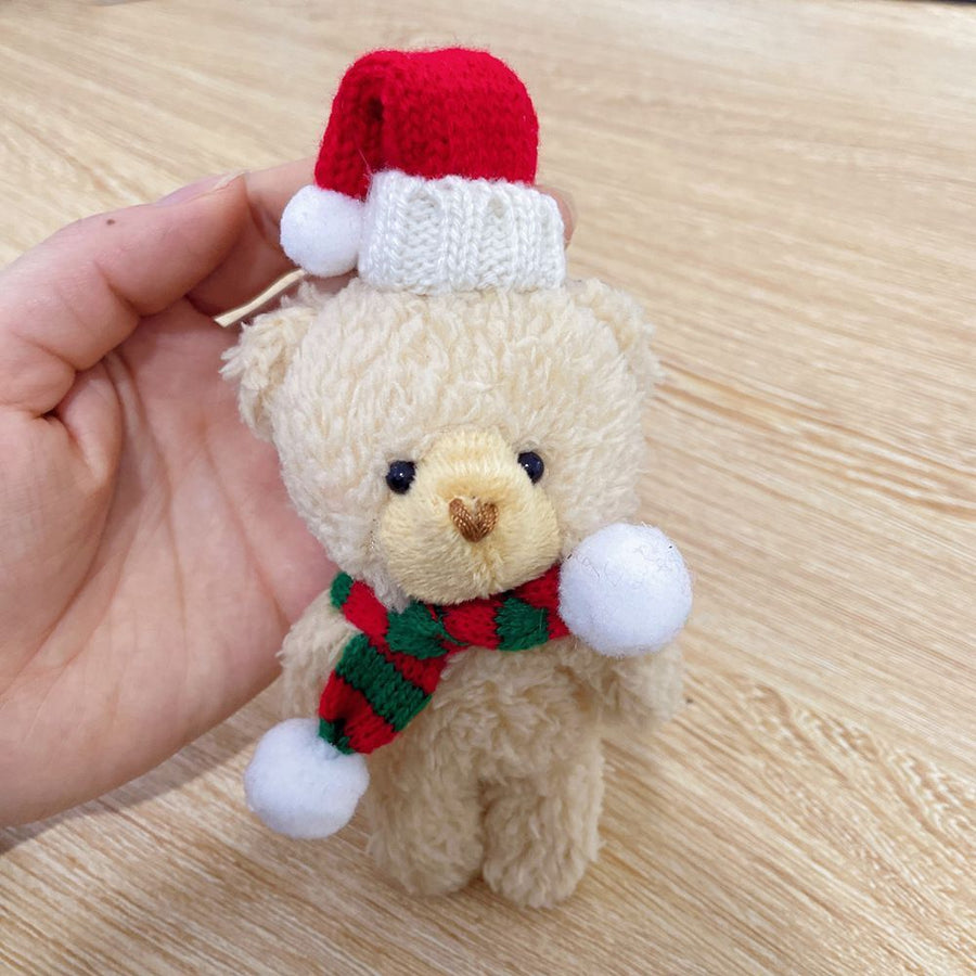 Holiday White Fluffy Bear Figurine Style B with Red & White Scarf, Small Tabletop Ornament for Xmas Dining Table Layout and Gift Hamper Collocation
