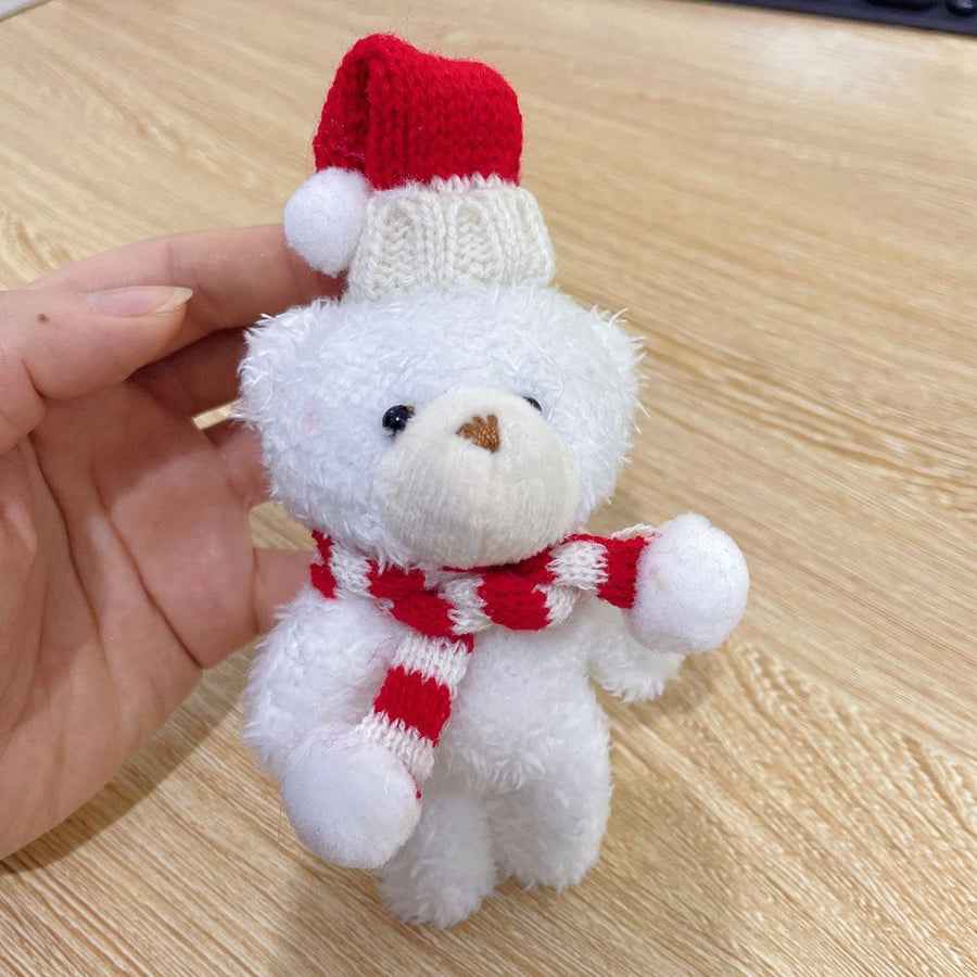 Holiday White Fluffy Bear Figurine Style B with Red & White Scarf, Small Tabletop Ornament for Xmas Dining Table Layout and Gift Hamper Collocation