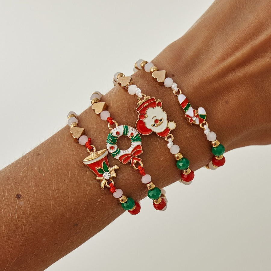 Christmas Beaded Adjustable Bracelet 4Pcs Set Code 6737K1, Cartoon Enamel Santa Claus Dangle Charms Festive Stackable Hand Jewelry for Xmas Outfit Decor and Holiday Gift Giving