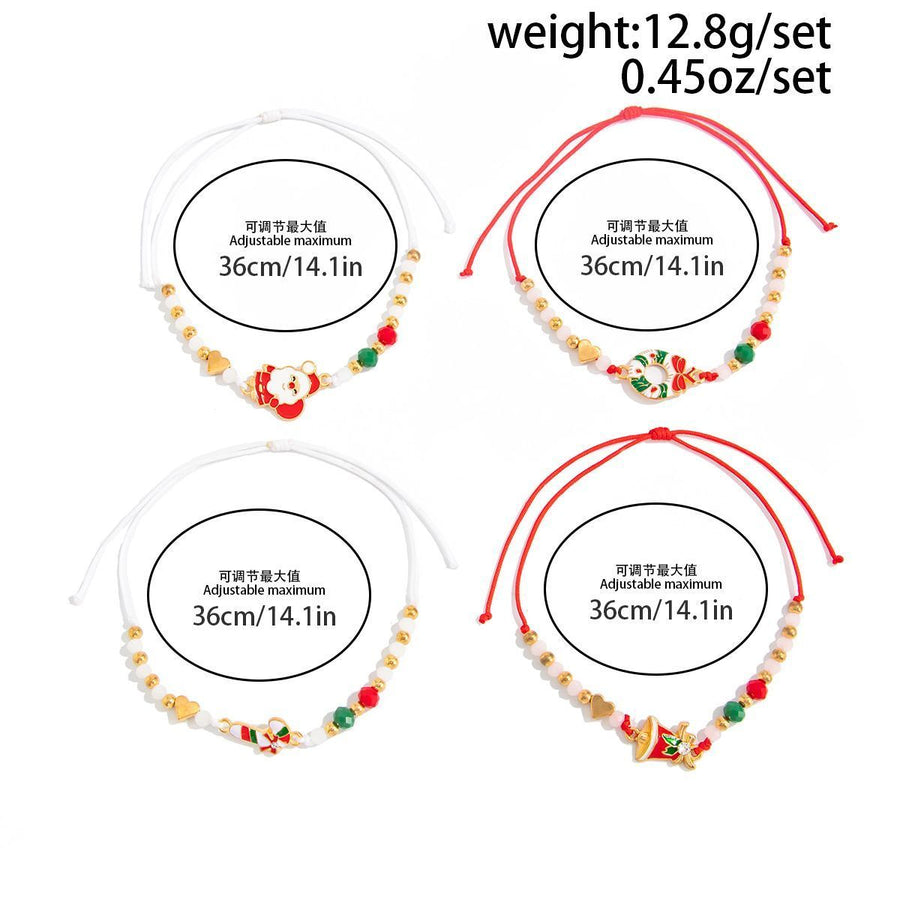 Christmas Beaded Adjustable Bracelet 4Pcs Set Code 6737K1, Cartoon Enamel Santa Claus Dangle Charms Festive Stackable Hand Jewelry for Xmas Outfit Decor and Holiday Gift Giving