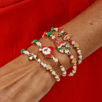 Christmas Beaded Adjustable Bracelet 4Pcs Set Code 6737K1, Cartoon Enamel Santa Claus Dangle Charms Festive Stackable Hand Jewelry for Xmas Outfit Decor and Holiday Gift Giving