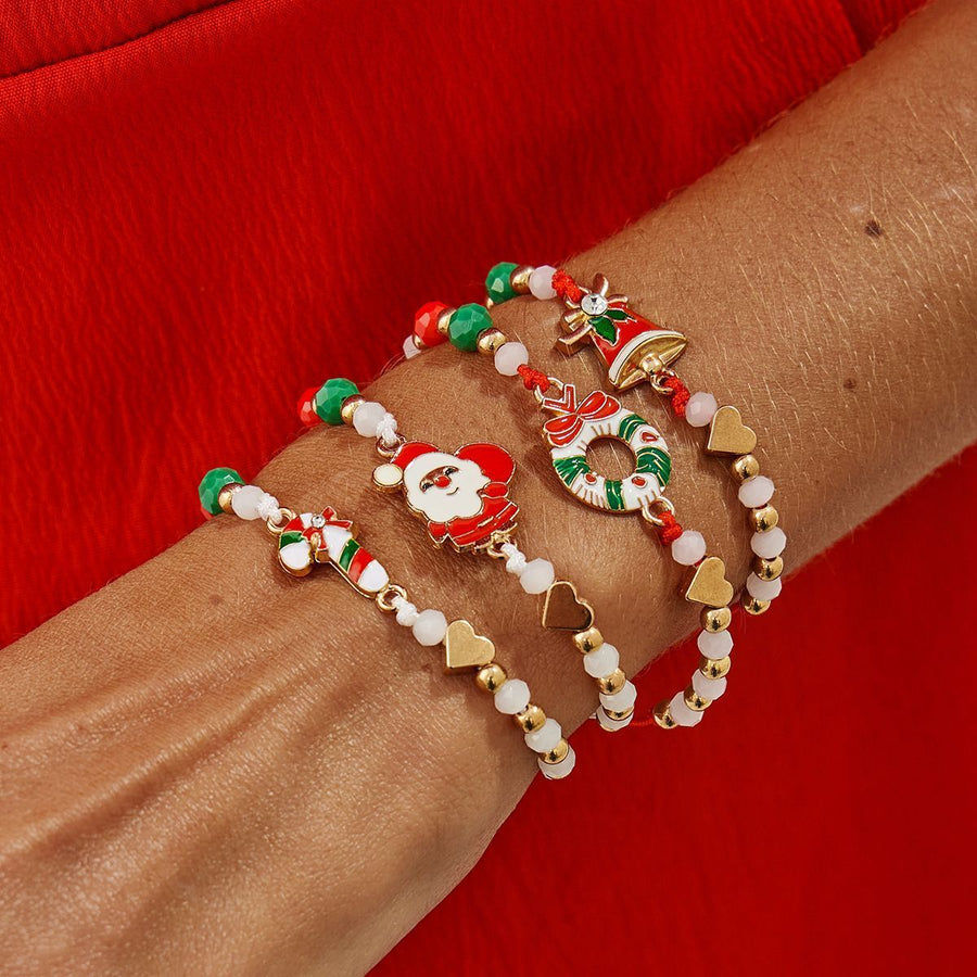 Christmas Beaded Adjustable Bracelet 4Pcs Set Code 6737K1, Cartoon Enamel Santa Claus Dangle Charms Festive Stackable Hand Jewelry for Xmas Outfit Decor and Holiday Gift Giving