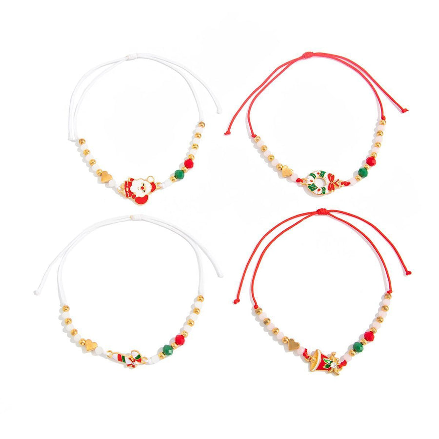 Christmas Beaded Adjustable Bracelet 4Pcs Set Code 6737K1, Cartoon Enamel Santa Claus Dangle Charms Festive Stackable Hand Jewelry for Xmas Outfit Decor and Holiday Gift Giving