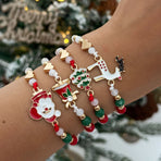 Adjustable Christmas Stacking Beaded Wrist Jewelry 4Pcs Mixed Set Code 6737K4, Santa Reindeer Enamel Pendant Bracelets for Holiday Costume Accessory and Friend Xmas Gift Exchange