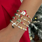 Adjustable Christmas Stacking Beaded Wrist Jewelry 4Pcs Mixed Set Code 6737K4, Santa Reindeer Enamel Pendant Bracelets for Holiday Costume Accessory and Friend Xmas Gift Exchange