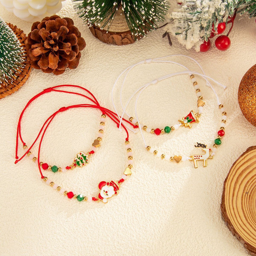 Adjustable Christmas Stacking Beaded Wrist Jewelry 4Pcs Mixed Set Code 6737K4, Santa Reindeer Enamel Pendant Bracelets for Holiday Costume Accessory and Friend Xmas Gift Exchange