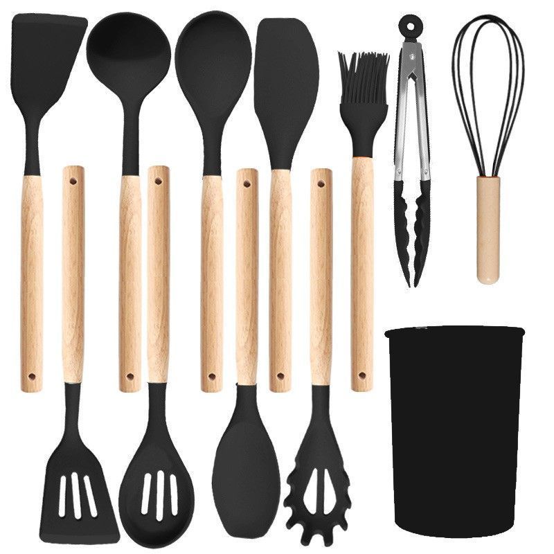 Silicone Kitchen Utensils 12‑Piece Set Black,Spatula & Soup Spoon Cookware Safe for Non‑Stick Pans,Household Cooking Gadget for Party Prep,Christmas Halloween Housewarming Gift