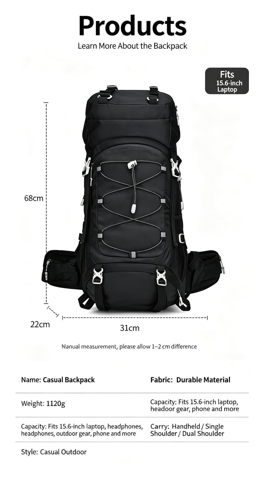 Adjustable Volume Outdoor Rucksack 60L Red,Nylon Travel Backpack With Rain Cover,Durable Pack for Hiking & Camping Trips,Christmas Halloween Holiday Adventure Present