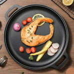 Heavy Duty Double Handle Cast Iron Griddle, Uncoated Solid Iron Pan for Steak, Pork Chops & Breakfast Pancakes, 35cm Griddle, Compatible with BBQ, Induction & Campfire, Christmas & Halloween Kitchen Gift