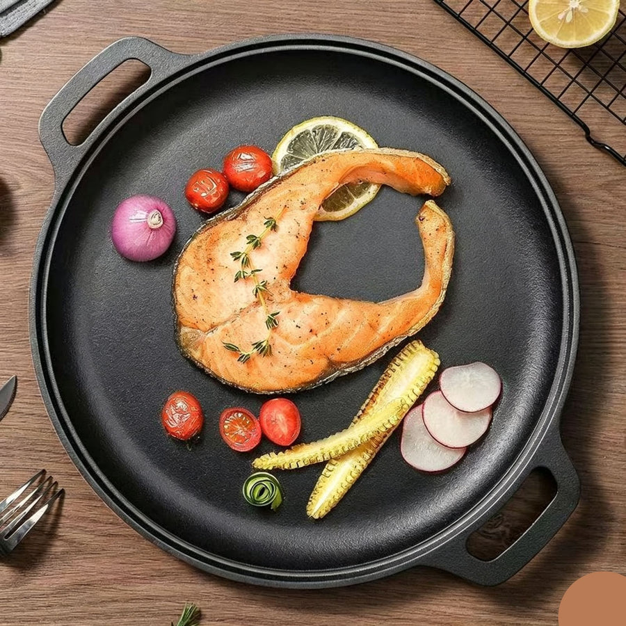 Heavy Duty Double Handle Cast Iron Griddle, Uncoated Solid Iron Pan for Steak, Pork Chops & Breakfast Pancakes, 35cm Griddle, Compatible with BBQ, Induction & Campfire, Christmas & Halloween Kitchen Gift